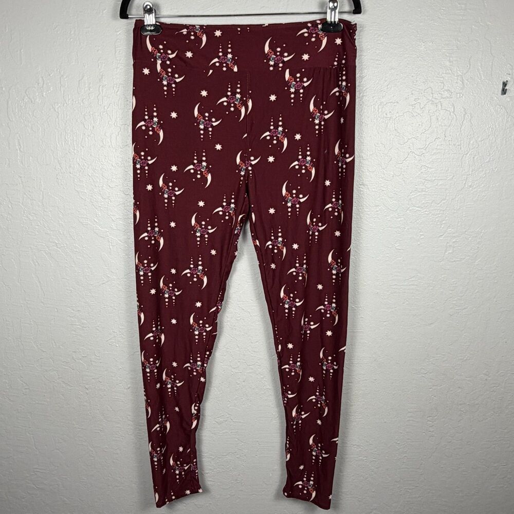 LuLaRoe Womens TC Tall Curvy Leggings Burgundy Celestial Moon Floral Stars Boho